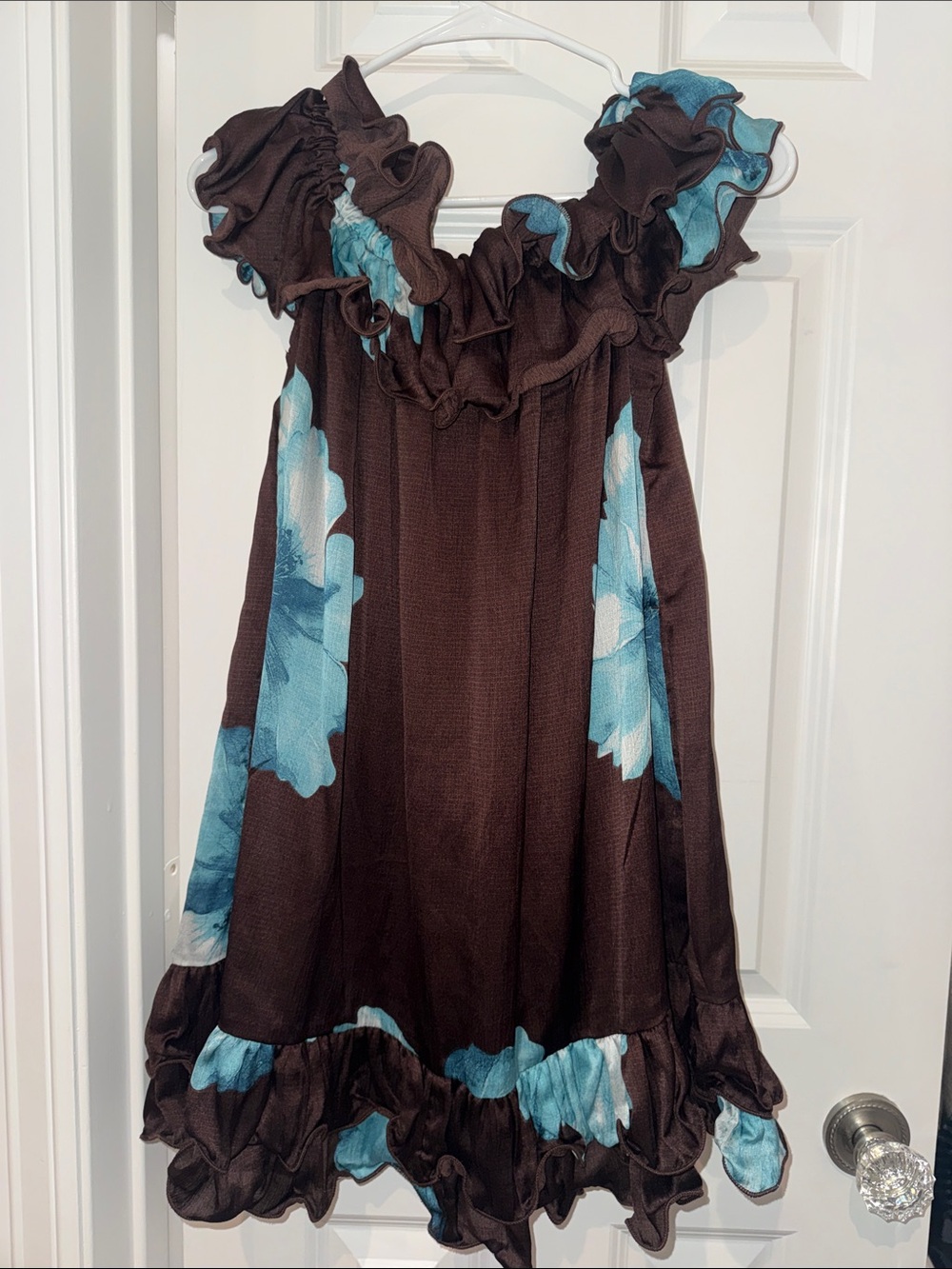 Brown Floral Ruffle Dress with Blue Accent flowers